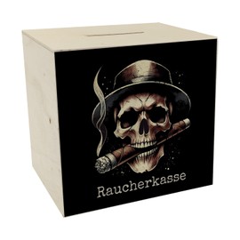 Smoker cash with skull money box made of wood, skull money box, made of wood, cigar smoking motif, skeleton bone design, smoking gadget