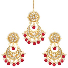 Aheli Kundan Pearl and Maroon Colour Beads Bollywood Style Indian Traditional Ethnic Earrings Maang Tikka Set Fashion Jewelry Gift for Women