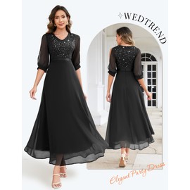 Wedtrend Evening Dress, Elegant for Wedding, V-Neck Chiffon Cocktail Dress, Women's Long Prom Dress with Split Sleeves, Half Sleeve Lace Dress with Sequins, black