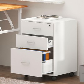 SogesGame 3 Drawer File Cabinet with Lock, Office Storage File Cabinet on Wheels, Mobile Under Desk File Cabinets for Home Office Fits Letter/Legal/A4 Size, White