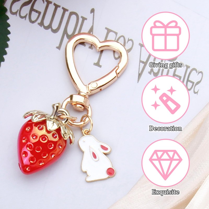 HotoPink Cute Strawberry Keychain, Cute Metal Rabbit Strawberry Keyrings, Kawaii