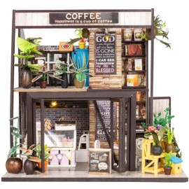 Crafts&Co® DIY Miniature House with Furniture | DIY Dollhouse Adult | Wooden Dollhouse Kit | Wooden Mini House Model with Light | 1:18 | Coffee Café Happiness