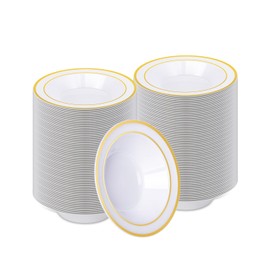 BESTVIP 200 Pack Plastic Bowls with Gold Rim, 12 Oz Disposable Bowls Disposable Bowls for Parties, Wedding, Soak Proof Large Bowls for Breakfast, Lunch, and Dinner Meals