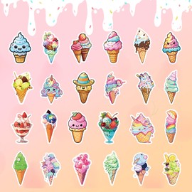 Dorgua 50Pcs Ice Cream Stickers, Non-Repetitive Funny Design Ice Cream Stickers, Cute Dessert Stickers Vinyl Waterproof Stickers for Girls Water Bottle Laptop Decor Party Favors Birthday Gifts