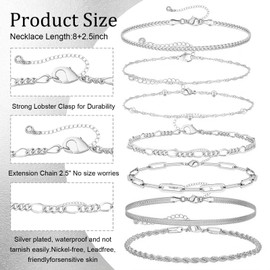 7 Pcs Women Silver Anklet, Layered Ankle Bracelets, Silver Ankle Chain Women's Anklet Set Adjustable Trendy Cuban Link Snake Tennis Figaro Chain Ankles Summer Beach Foot Jewelry Gifts for Women