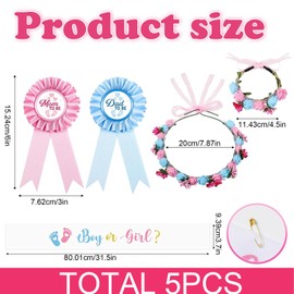 egniFurn 5 Pcs Mom to Be Baby Shower Set – Flower Crown Sash, Mummy & Daddy to Be Pins, Gender Reveal Sash, Mummy & Daddy to Be Corsage for Pregnancy Party Favors
