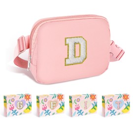 COSHAYSOO Pink Small Waist Fanny Pack Belt Bag with Initial Chenille Letter Patch Crossbody Adjustable Strap for Women Teenage Girl, Mini Cross body Everywhere Travel Purse Gift Pouch (D)