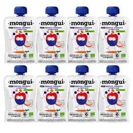Snack orgánico para peques | Pack 8 pouches Manzana, Zanahoria y Mora Azul | Sin azúcares añadidos, Sin conservadores, Sin saborizantes | BPA Free | Empresa B | MONGUI