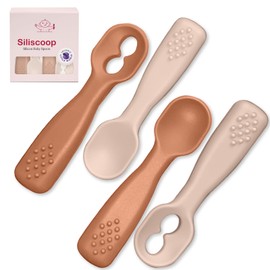 Silicone Baby Spoon Set | Baby Spoons Self Feeding 6 Months | BPA Free Baby Led Weaning Spoons Stage 1 & 2 for Kids 6+ Months | Silicone Baby Feeding Spoon Set - 4 Spoons, Sunrise/French Beige