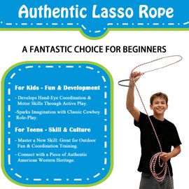 Cowboy Lasso Rope for Kids with Pre-Tied Loop, 20' - 9mm Unwaxed Lariat Roping Rope Toy for Indoor Outdoor Western Play & Costume Prop (Red Green)