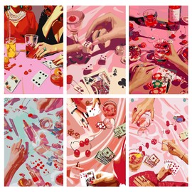 6 Pack Vintage Poker Paint by Numbers Kit Adults, Adults Pink Table Painting by Number Kits on Canvas, Easy Acrylic Arts Crafts Beginners for Gifts Home Decor