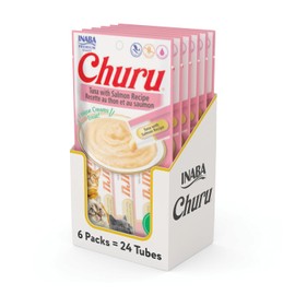 Inaba Churu Premios para Gato Sabor Atún y Salmón, Puré Cremoso, Delicioso sabor, Caja 6 Bolsas, 24 tubos de 14 grs c/u