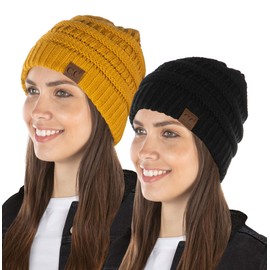 Funky Junque Exclusives Warm Winter Skull Cap Beanie – Slouchy Knit Hat for Women, Soft Cozy Unisex Mens Beanies, Perfect for Cold Weather Wear - 2 Pack - Black & Mustard