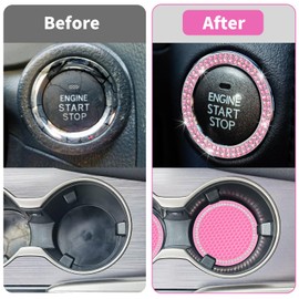 kasnow 4PCS Bling Car Interior Accessories Set for Women, Bling Car Cup Coasters and Engine Start Button Cover, Car Coasters for Cup Holders & Single or Double Row Start Stop Button Cover, Pink