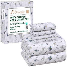 RUVANTI 6 Pcs Cotton Sheets - 100% Natural Cotton Soft, Lightweight & Breathable Crispy Percale Bed Sheets, California King Sheet Sets 16" Deep Pockets, Coastal Blue