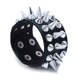 Caiyao Punk Gothic Tine Spike Rivet Bracelets Adjustable Studded Buckle Cuff Biker Leather Bangle Snap Button Wristband for Men Cool Personality Jewelry-A black