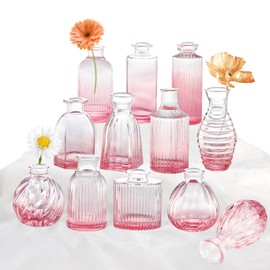 Pink Vase, Glass Bud Vases Set of 12, Small Pink Glass Vases for Flowers Colored Ribbed Flower Vase for Decor Bud Vase in Bulk Vintage Decor Bridal Shower Wedding Centerpieces Home Table Decoration