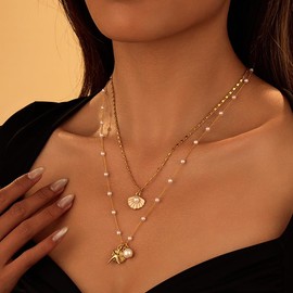 Shell & Starfish Layered Necklace Pearl Necklace for Women Summer Fashion Women 2025 Puka Shell Beach Necklace Jewelry Gift
