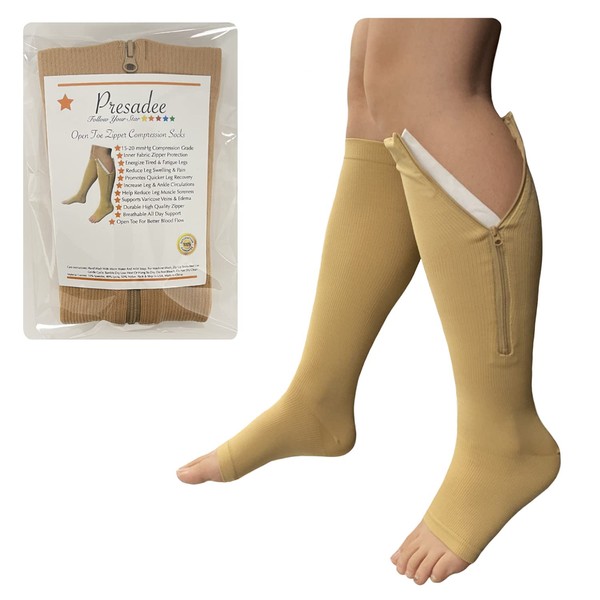 Presadee Open Toe 15-20 mmHg Moderate Compression Leg Calf Swelling Zipper Sock (Beige, 2XL)