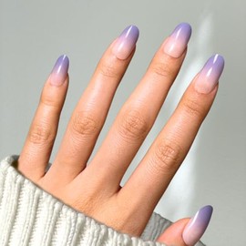 Votrenaeil Press On Nails - Lavender Mist | No Glue Short Oval Nails, Nude to Purple Ombre Glossy Nails - 24 Pcs Nail Kit with Adhesive Tabs