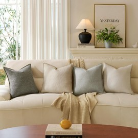 Natural Linen Look Throw Pillow Covers 18x18 inch Set of 4, Cream Textured Decorative Pillow Covers with Blanket Stitched Edge, Neutral Farmhouse Cushion Covers for Couch Sofa Living Room