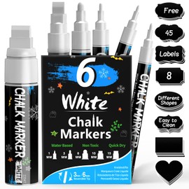 APOGO White Chalk Pens,Liquid Chalk Pens for Blackboards, Chalkboard,Window, Glass, Jars,Signs,Chalk Markers with 45 Blackboard labels,Pack of 6 Chalkboard Pens-Wet Wipe Erase-(1mm,3mm,6mm,10mm &15mm)