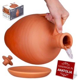 Hakan Anadolu Natural Clay Water Pitcher Set | Unglazed Terracotta Water Carafe & Plate | Traditional Small Mud Jug | Pottery Jar for Drinking Water (Large - 106 oz)