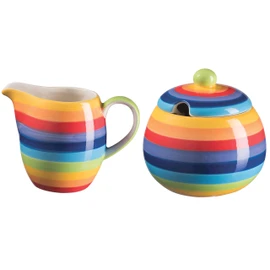 Hand Painted Rainbow Stripe Sugar Bowl and Jug Set