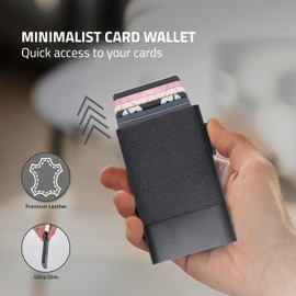 Fidelo Minimalist Sliding Men's Metal Wallets - Pop Up Card Wallet with Leather & Aluminum Construction - Quick & Secure Card Access - Trigger Wallets Men - Black