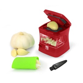 Prensa de ajo, trituradora, cortadora, picadora y contenedor de almacenamiento, incluye peladora de ajo de silicona, fácil de limpiar, cuchillas de acero inoxidable, (rojo),