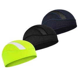 MELASA 3 Pack Cooling Skull Cap, Sweat Motorcycle Helmet Liner Head Cover, Mesh Cycling Running Hat for Men Women, Black+dark Blue+fluorescent Yellow, One Size