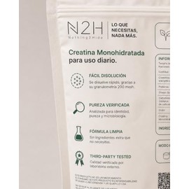 N2H Creatina Monohidratada 100% Pura, 300 g, 60 Porciones, 5 g Porción, Sin Sabor, Pre Workout y Post Entreno, Alta Pureza, 200 Mesh, Sin Azúcar, Sin 