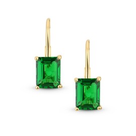 Traditional Gemstone Nano Green Emerald Cut Drop Earrings For Women Hinge Lever Back Yellow Gold Plated .925 Sterling Silver