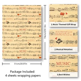 Music Wrapping Paper, Musical Notation Piano Score Kraft Musician Gift Wrap Paper Folded Flat 4 Sheets for Women Men Birthday Baby Shower Holidays Wedding Christmas Music Concert Gift Packaging Sheet