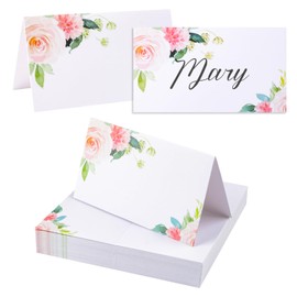 URROMA Place Card for Table, 100Pcs Wedding Seat Folding Cards Pink Flower and Green Leaf Seating Place Cards Blank Table Tent Cards for Wedding