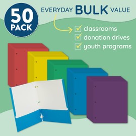 Blue Summit Colored Folders with Pockets, Paper Colored Pocket Folders, Two Pockets for Documents with Business Card Slot, 3 Hole Punched, Presentation and Child Classes, Assorted Colors, 50 Pack