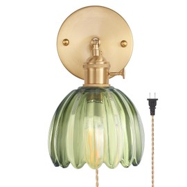 Shenmoyl Plug in Wall Sconce, Green Tulip Glass Lampshade Wall Light Plugin Corded for Bedside Bedroom Doorway