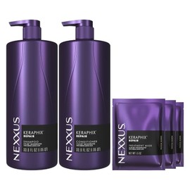 Nexxus Keraphix Champú y acondicionador y 3 máscaras de tratamiento para cabello dañado, sistema de tratamiento de reparación de cabello dañado,