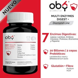 Oby Multi Enzimas digestivas, Probióticos | 7 tipos enzimas + Probióticos Bifidobacterium y Lactobacilos + Fibra Psyllium Husk + Glutation | 2 Pack 120 capsulas veganas (60 caps por frasco)