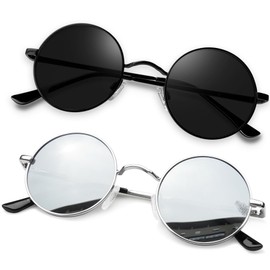 KANASTAL Round Sunglasses for Women Men Polarized Sun Glasses Small Retro Shades UV400 Protection Metal Frame Black and Silver Lens 2 Packs