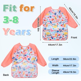 GSrenyu Kids Art Smock, 3 Pack Waterproof Artist Painting Aprons for Ages 3-8 with Long Sleeve and 3 Pockets Cartoon Kids Apron for Painting, Cooking, Eating, Crafts