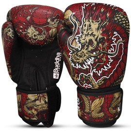 BUDDHA FIGHT WEAR Fantasy Luzbel Boxing Gloves - Muay Thai - Kickboxing Faux Leather - Odor Resistant Inner Fabric - Reinforced Stitching (Red and Black, 400g)