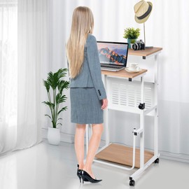 Tangkula Mobile Standing Desk, Height Adjustable Stand Up Desk Computer Workstation, Movable Computer Desk with 4 Rolling Wheels & Footrest, Suitable for Sitting or Standing (Oak)