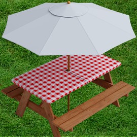 Sorfey Vinyl Umbrella Rectangle Fitted Tablecloth Cover, Checkered Design, Flannel Backed Lining 30x72 Inch, Red