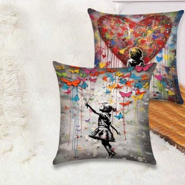 Tucocoo Graffiti Art Decorative Cushion Covers Little Girl Butterfly Modern Decor for Couch Bed Car Patio Furniture Bench Sofa 45x45cm Pack of 4