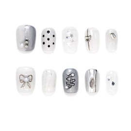 Kokowomite Nails Handmade Nail Tips, Short, Squoval, Silver, White, Ribbon, Dots, Fashionable Korean ins, Short Nails, Popular 3D Design, Storage Box Included, Pack of 10