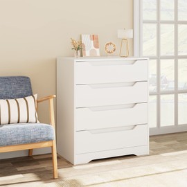 HOSTACK White Dresser, 4 Drawers Dresser, Modern Chest of Drawers with Cut-Out Handles, Small Dressers with Drawer, Wood Makeup Chest Organizer for Living Room, Entryway, Home Office, White