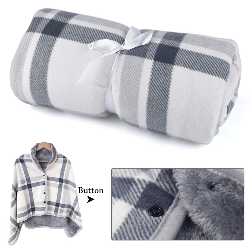 forestfish Fleece Wearable Blanket, Plaid Lap Blanket Comfy Poncho Throw