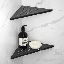 Bernkot Corner Shower Shelf 2 Pack, 304 Stainless Steel Shelf for Bathroom, 10'' Grout in Shelves Rack for Tiled Wall, No Drilling Needed (10'', Black)