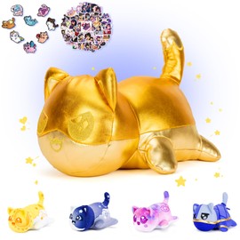 69-PCS 丨 11-inches Gold EIN Cat Plush + 60-Sticker + 8-Pcs Shoe Charms - Galaxy Cat Collection - 100% Embroidered Plushie - Cat Stuffed Animal Collectible (Gold EIN Cat)
